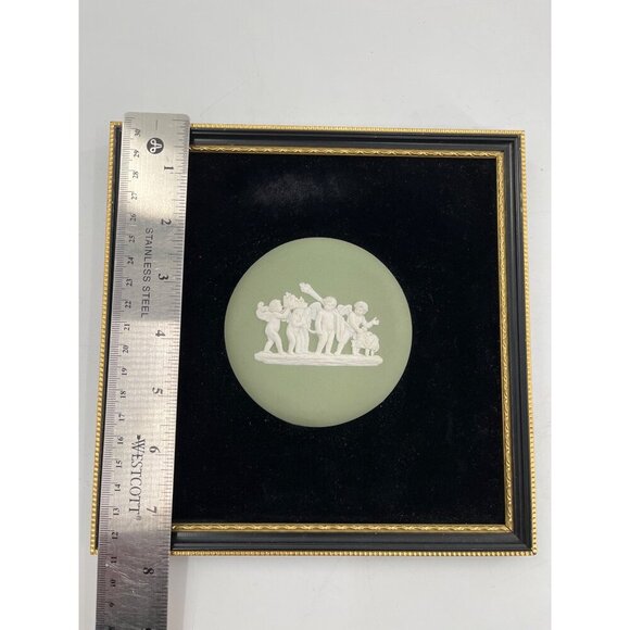 Wedgwood Green Jasperware Framed Dancing Hours Plaque  2 Cherubs Putti Plaques - Picture 7 of 16